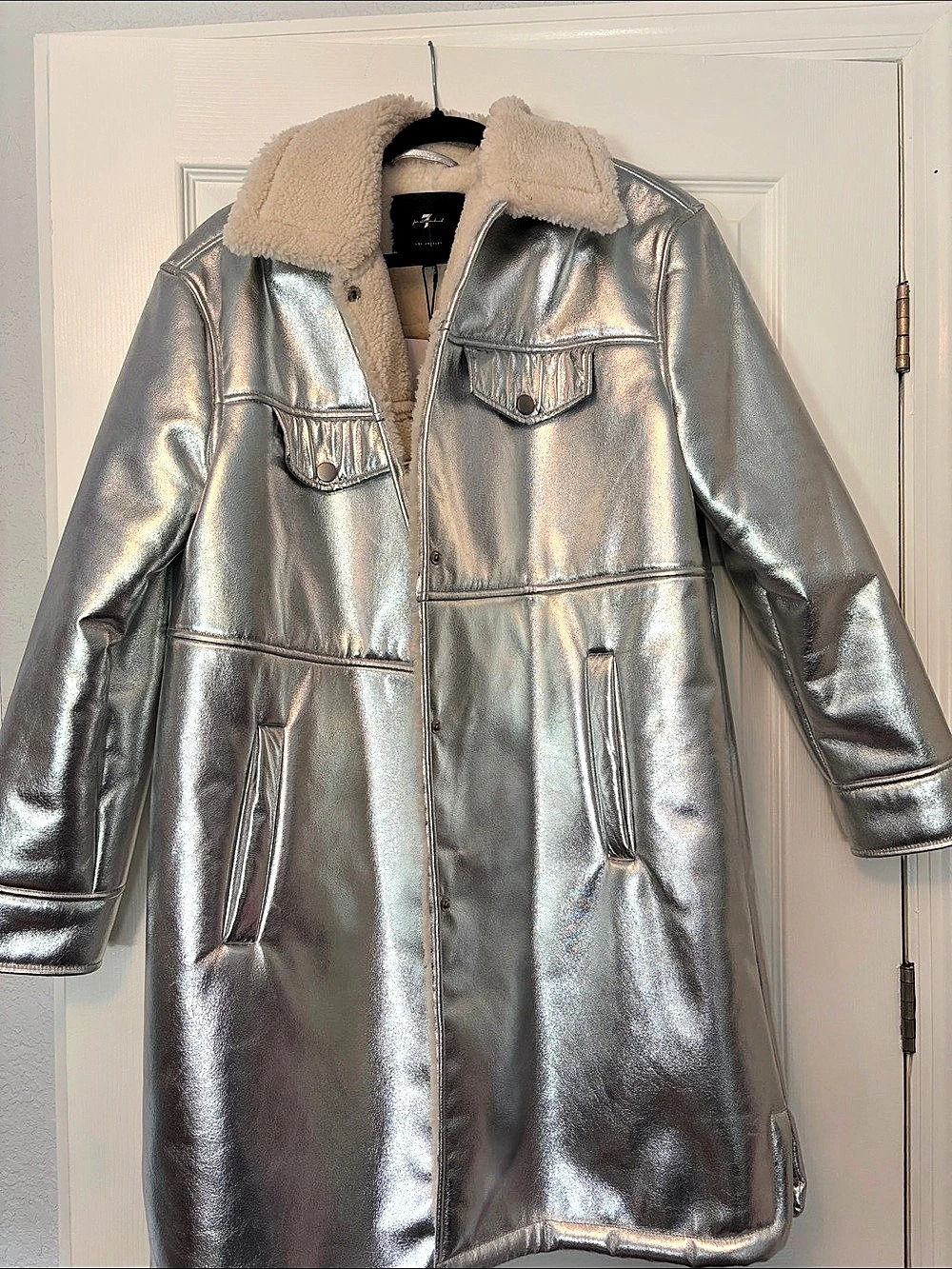 7 for all mankind Silver Metallic Teddy Coat Size Medium NWT